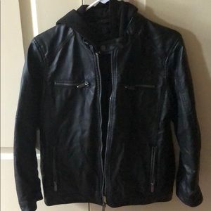 Leather jacket with hood